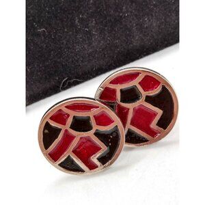 Vintage Men's Round Cuff-links  Silvertone Red & Green Enamel